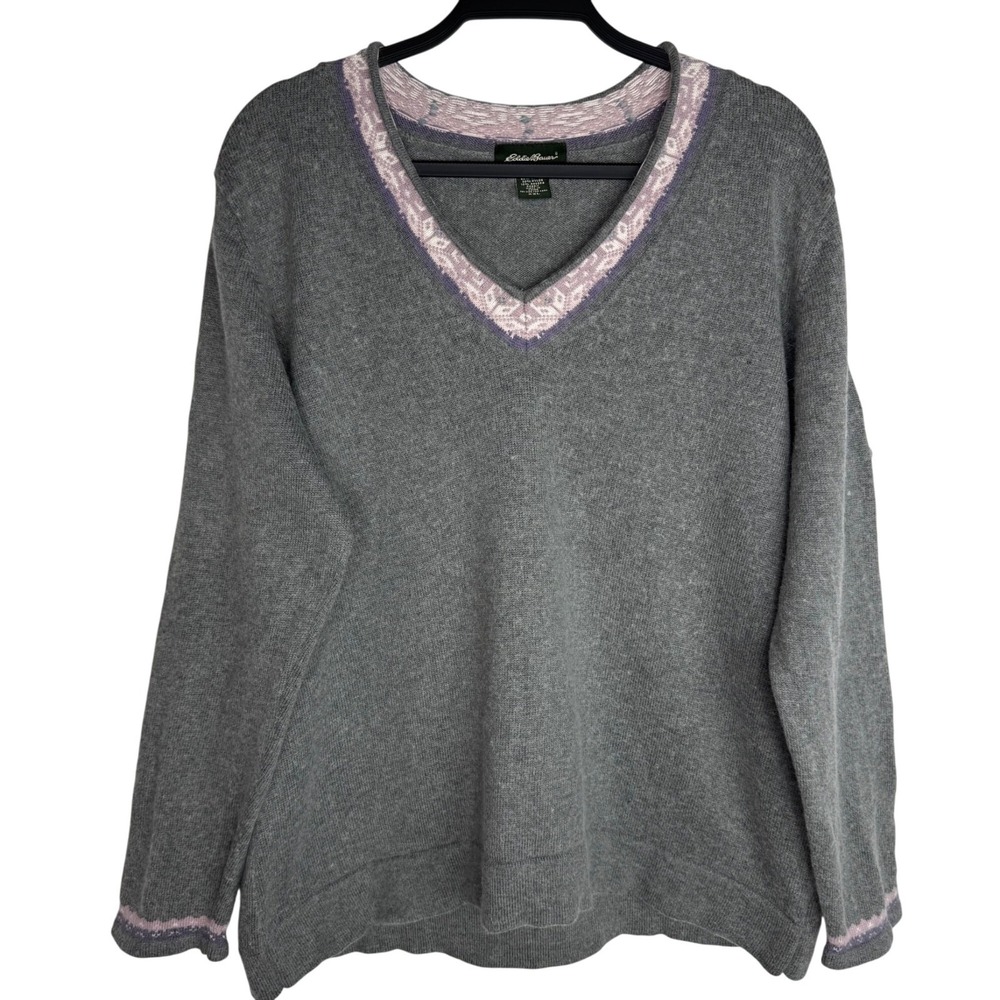 Eddie Bauer Gray V-Neck Sweater with Light Purple Trim